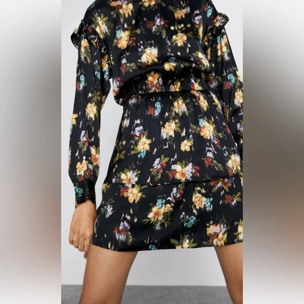 Zara Black Floral Ruffle‎ Mini Long Sleeves Dress Size XS - Picture 12 of 16
